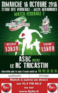 Rugby: ASBC / RC TRICASTIN. Le dimanche 16 octobre 2016 à Bédarrides. Vaucluse.  13H30